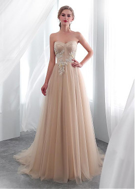 Tulle & Satin Sweetheart Champagne Long A-line Wedding Dress 