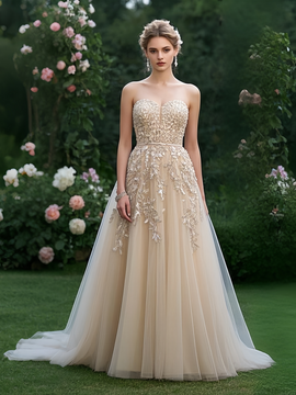 Shop 2025 ANNAKOO Champagne Tulle A Line Appliques Sweetheart Prom Dress Under 199