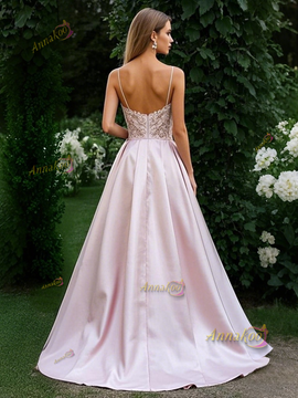 Shop 2024 ANNAKOO Spaghetti Straps Pearl Pink Satin A Line Prom Dress Under 189
