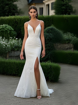 Shop 2025 Annakoo White V Neck Lace Trumpet Mermaid Wedding Dress With Slit Under 259