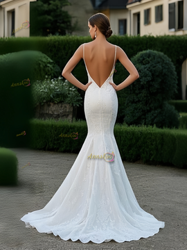 Shop 2025 Annakoo White V Neck Lace Trumpet Mermaid Wedding Dress With Slit Under 259