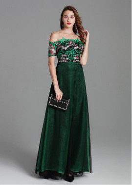 Ready To Ship Lace Off-the-shoulder Green  Formal Dress With Embroidery