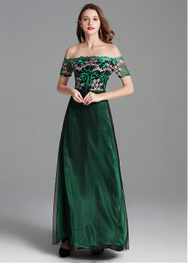 Ready To Ship Lace Off-the-shoulder Green  Formal Dress With Embroidery