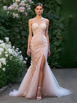 Shop 2025 ANNAKOO Sweetheart Pink Trumpet Mermaid Flower Tulle Prom Dress With Slit Under 289