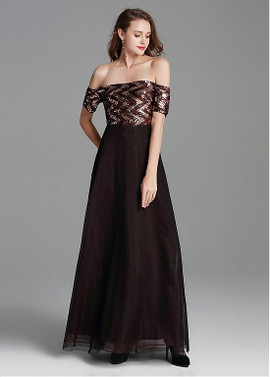 Ready To Ship  Tulle Off-the-shoulder Brown Prom Dress With Sequins