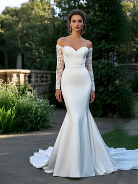 Shop 2025 ANNAKOO Lace Long Sleeve Trumpet Mermaid Satin Wedding Dress Under 199