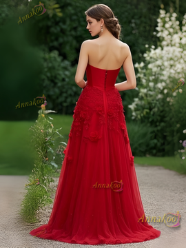 Shop 2025 ANNAKOO Red Strapless Tulle Flower A Line Prom Dress Under 189