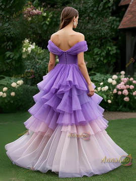 Shop 2025 ANNAKOO Off The Shoulder Ombre Tulle Pleats High Low Prom Dress Under 289