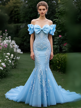 Shop 2025 ANNAKOO Off The Shoulder Appliques Tulle Trumpet Mermaid Prom Dress With Bow Under 289