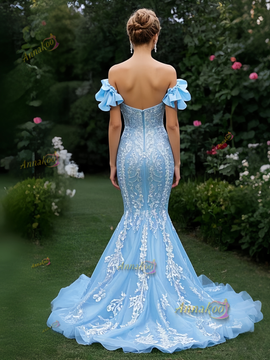 Shop 2025 ANNAKOO Off The Shoulder Appliques Tulle Trumpet Mermaid Prom Dress With Bow Under 289