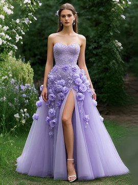 Shop 2025 ANNAKOO Purple Tulle Appliques Flower A Line Prom Dress With Slit Under 289
