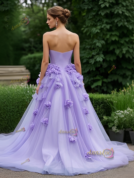 Sweetheart A Line Tulle Flower Purple Prom Dress With Slit