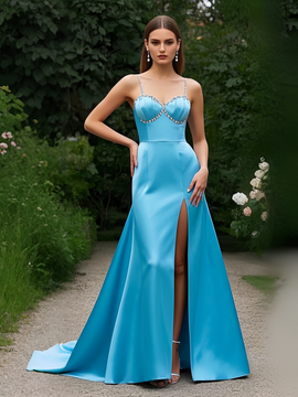 Shop 2025 ANNAKOO Sky Blue Spaghetti Straps Beading A Line Prom Dress With Slit Under 159