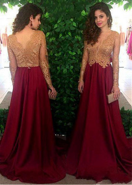 Dark Red Satin Sheer Jewel  Mother Of The Bride Dress 
