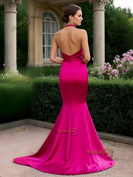 Shop 2025 ANNAKOO Halter Satin Fuchsia Flower Trumpet Mermaid Prom Dress With Slit Under 159