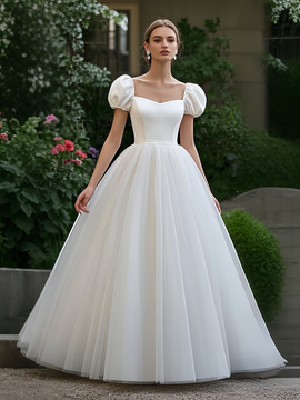 Shop 2025 ANNAKOO Satin Puffy Sleeve Princess A Line Wedding Dress Under 189