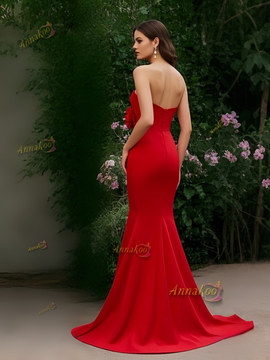 Shop 2025 ANNAKOO Red Sweetheart Trumpet Mermaid Flower Satin Prom Dress Under 159