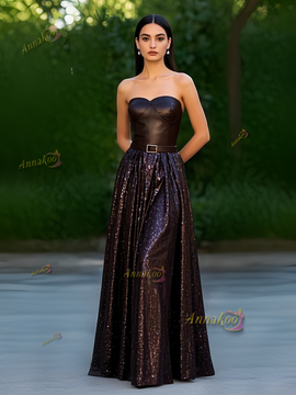 Shop 2025 ANNAKOO Sweetheart A Line Belt Pleats Sequin Brown Prom Dress under 189