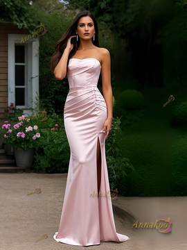 Shop 2025 ANNAKOO Satin Strapless PIink Sheath Column Prom Dress With Slit Under 139
