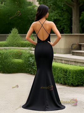Shop 2025 ANNAKOO  Black Spaghetti Straps Satin Trumpet Mermaid Prom Dress With Slit Under 119