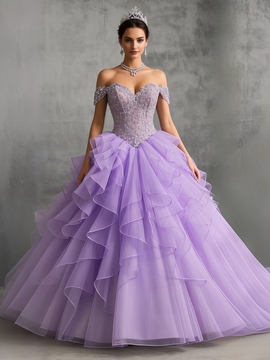 Shop 2025 ANNAKOO Purple Tulle Appliques Ruffles Ball Gown Prom Dress Under 288