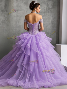 Purple Tulle Appliques Ruffles Ball Gown Prom Dress