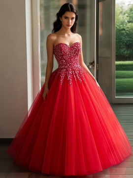 Shop 2025 ANNAKOO Red Sweetheart Tulle Ball Gown Beading Prom Dress Under 259