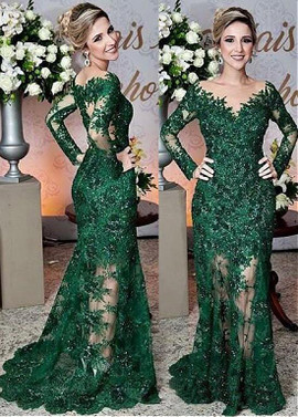Tulle Long Sleeve Jewel Green Mermaid Mother Of The Bride Dress