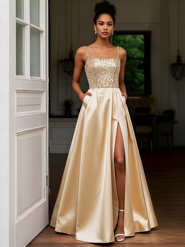 Shop 2025 ANNAKOO Gold Spaghetti Straps Satin Beading Prom Dress With Slit Under 187