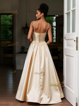 Shop 2025 ANNAKOO Gold Spaghetti Straps Satin Beading Prom Dress With Slit Under 187