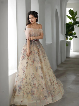 Shop 2025 ANNAKOO Off The Shoulder Tulle Champagne Floral Prom Dress Under 198