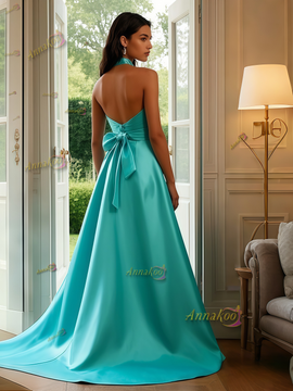 Shop 2025 ANNAKOO Green Halter Bowkot Satin A Line Prom Dress With Slit Under 139