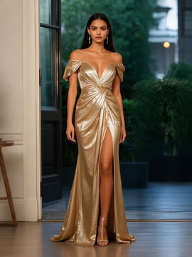 Shop 2025 ANNAKOO Gold Off The Shoulder Satin Trumpet Mermaid  Prom Dress With Slit Under 149