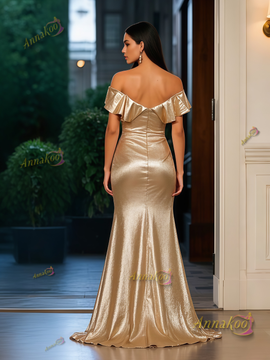 Shop 2025 ANNAKOO Gold Off The Shoulder Satin Trumpet Mermaid  Prom Dress With Slit Under 149