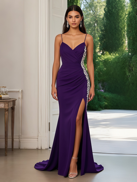 Shop 2025 ANNAKOO Grape Spandex Beading Trumpet Mermaid Spaghetti Straps Prom Dress Under 189