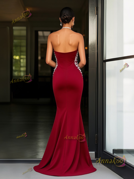 Shop 2025 ANNAKOO Burgundy Beading Sheath Column Satin Prom Dress With Slit Under 189