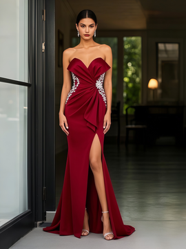 Shop 2025 ANNAKOO Burgundy Beading Sheath Column Satin Prom Dress With Slit Under 189