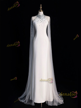Shop 2025 ANNAKOO White High Neck Beading Shawl Trumpet Mermaid Tulle Prom Dress Under 178