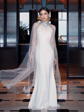 Shop 2025 ANNAKOO White High Neck Beading Shawl Trumpet Mermaid Tulle Prom Dress Under 178