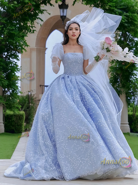 Shop 2025 ANNAKOO Puffy Sleeve Square A Line Blue Tulle Prom Dress Under 189