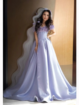 Shop 2025 ANNAKOO Lilac Purple Off The Shoulder Satin Flower Prom Dress Under 198