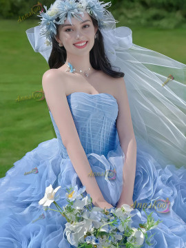 Sweetheart Blue Strapless Tulle Ball Gown Flower Prom Dress