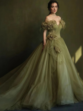 Shop 2025 ANNAKOO Green Off The Shoulder Tulle A Line Prom Dress Under 198