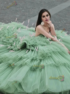 Shop 2025 ANNAKOO Green V Neck Layer Ball Gown Tulle Prom Dress Under 367