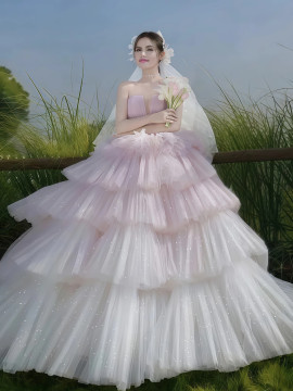 Shop 2025 ANNAKOO Pink Layers Strapless Tulle Sparkle Ball Gown Prom Dress Under 378