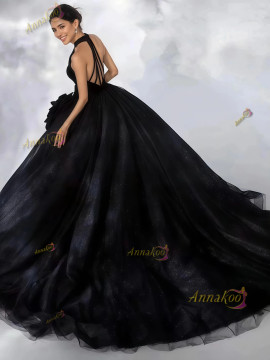 Shop 2025 ANNAKOO Halter Black Tulle Flowers Tulle A Line Prom Dress Under 198