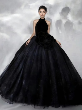 Shop 2025 ANNAKOO Halter Black Tulle Flowers Tulle A Line Prom Dress Under 198