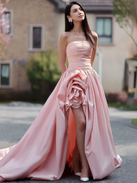 Shop 2025 ANNAKOO Pink Satin Flowers Strapless A Line Prom Dress With Slit Under 189