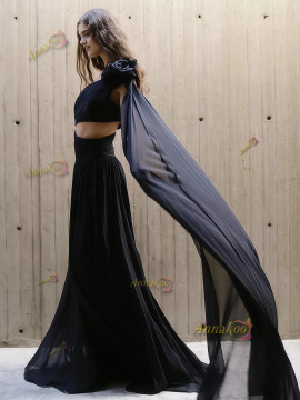 Shop 2025 ANNAKOO Black One Shoulder Chiffon Cut Out Cape Prom Dress Under 179