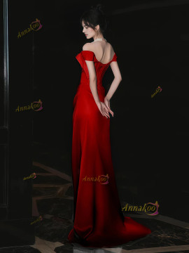 Shop 2025 ANNAKOO Burgundy Satin Trumpet Mermaid Ruched Prom Dress Under 139